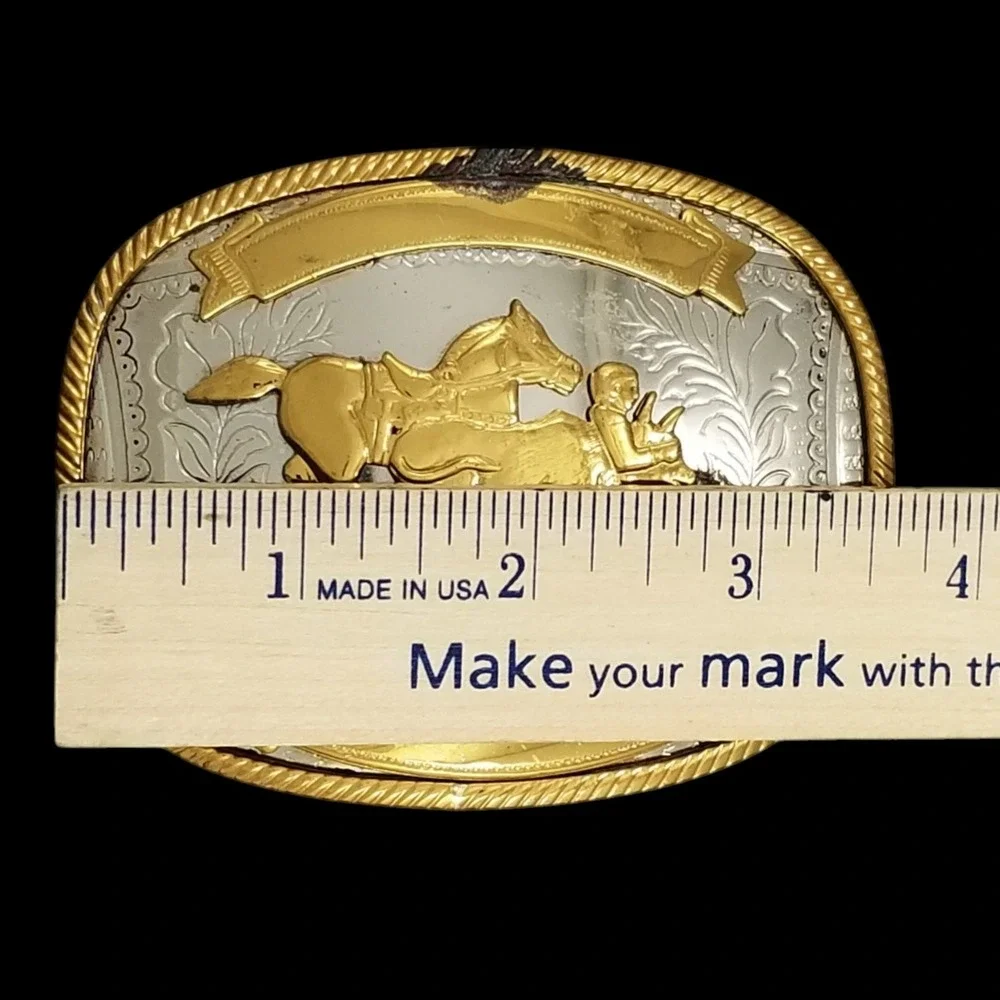 Vintage Belt Buckle Steer Wrestling German‎ Silver Gold Rodeo Western Oval